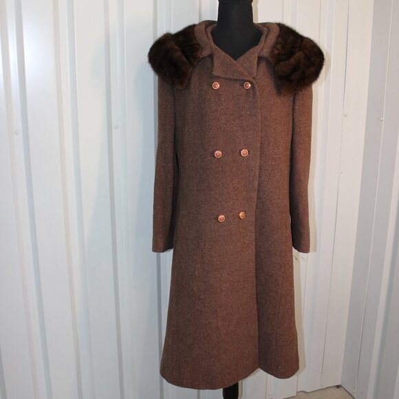 Vintage Garfinkels Womens Wool? Coat Mink Fur Collar Double Breasted NWT Large? - Picture 1 of 16